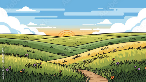 Colorful stylized cartoon of serene rural landscape, rolling green hills, winding path, bright sunrise, fluffy clouds, accented by wildflowers,