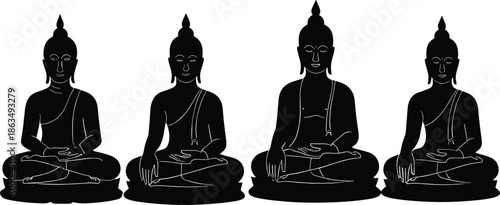 Meditative Buddha silhouette illustration featuring spiritual tranquility, mindfulness posture, peaceful enlightenment, Buddhist culture, sacred icon, calm serenity vector art.