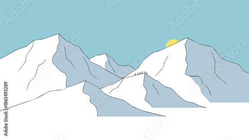 A serene, minimalist illustration depicting a grand alpine landscape with snow-covered peaks, a bright sun, and a small group of intrepid