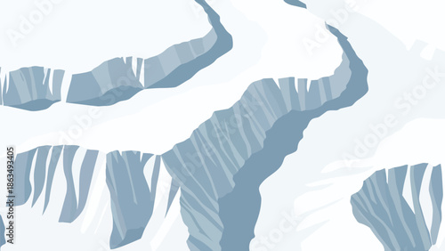 Abstract snowy terrain illustration with glacial ravines and frozen landscapes