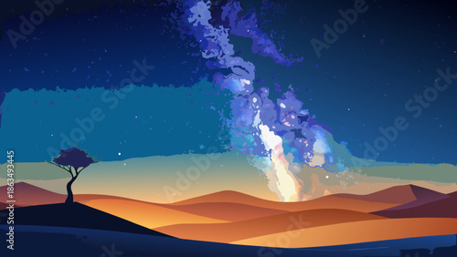 A solitary tree stands against a vibrant milky way in a stylized desert landscape illustration