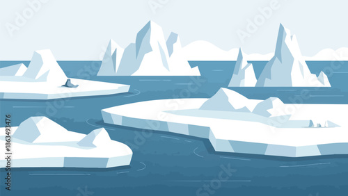 Expansive polar landscape with ice floes, towering icebergs, and diverse Arctic wildlife