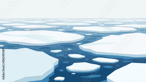 Vast illustrated panorama of an icy polar seascape, showcasing numerous floating ice floes drifting across tranquil deep blue waters beneath a wide,