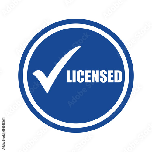 A blue circular badge with a white checkmark and licensed text