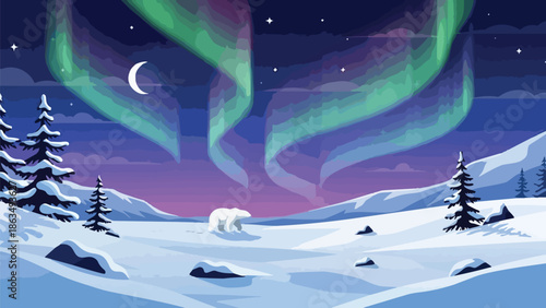 Polar bear wandering under the magnificent northern lights in a serene snowy wilderness