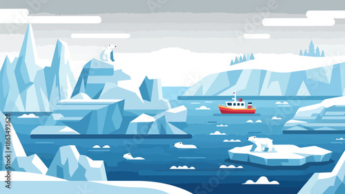 Arctic landscape graphic with tall icebergs a red vessel and polar bears swimming and resting on ice depicting a calm polar scene featuring northern