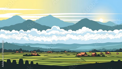 Serene landscape of green fields and houses with majestic mountains under a cloudy sky at sunrise or sunset with peaceful and rural with view