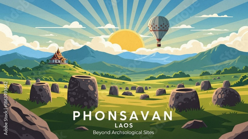Scenic landscape of phonsavan laos with ancient stone drums, hot air balloon, temple, and mountains at sunrise with travel with tourism