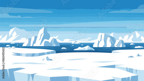 A breathtaking illustration of the vast frozen arctic tundra, showcasing majestic icebergs silently drifting across the deep blue polar ocean under