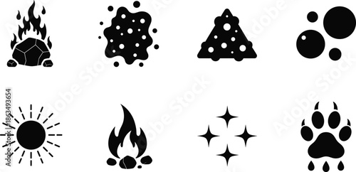 Elemental icon vector set featuring fire, poison, magic, light, beast, gas, radioactive, sparkle symbols in black silhouette style