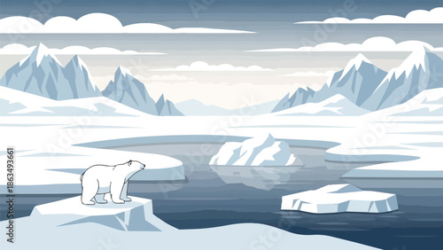 Arctic Wildlife Illustration: A Lone Polar Bear Surveys the Vast Icy Landscape and Frozen Waterways Amidst Towering Glacial Peaks