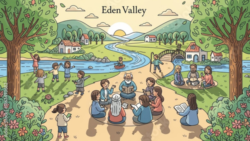 A serene scene of children and adults sitting in a circle on a path in a valley, surrounded by trees, flowers, and a winding river with sunny