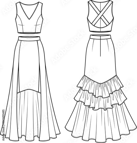 Sleeveless V-neck crop top and high-low overlay maxi skirt fashion technical drawing, crisscross open back, tiered flamenco-style ruffle hem, black vector illustration.