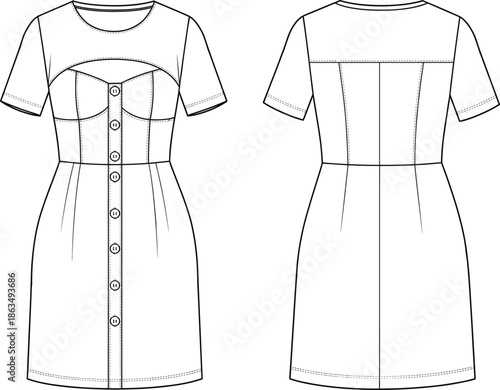 Stylish button-front dress fashion flat sketch, modern short sleeve garment design, technical clothing illustration for sewing patterns, apparel designers, and fashion templates