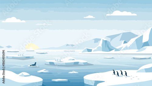 A serene minimalist illustration depicting a tranquil polar ocean vista at dawn, featuring majestic icebergs, a lone seal, and a small group of