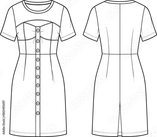 Stylish button-front short sleeve dress fashion flat, detailed technical sketch for garment design, modern apparel template for sewing patterns and designers