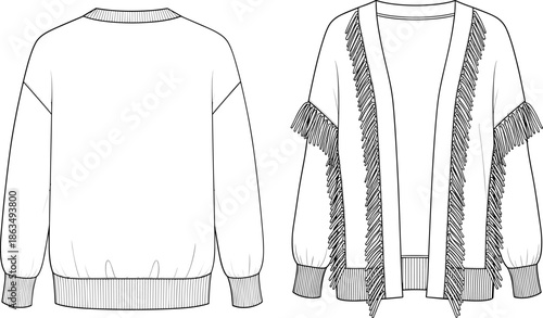 Technical flat sketch of women’s fringe cardigan, open front knitwear design, detailed line art illustration for fashion designers, apparel template, clothing graphic