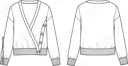 Technical flat sketch of women’s side-button wrap cardigan, detailed knitwear fashion illustration, apparel design template, clothing line art for designers, garment graphic
