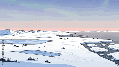 An illustrative arctic vista depicting vast snow-covered terrains, calm frozen pools, and numerous ice floes navigating the cold ocean beneath a