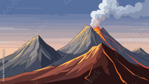 Dramatic animated volcanic eruption scene unfolding with fiery molten rock flowing down rugged peaks under a vast, colorful twilight sky, showcasing