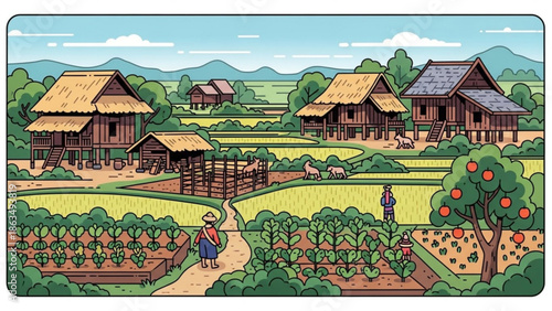 A serene rural landscape with wooden houses, lush gardens, and farmers tending to their land under a clear blue sky with distant with farming
