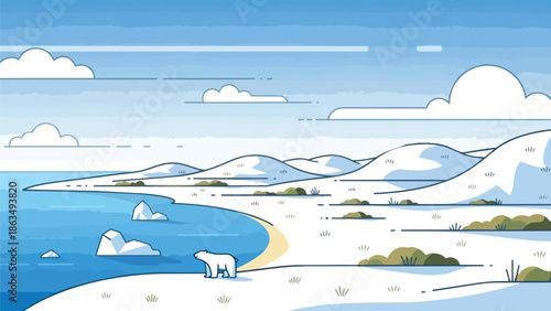 A lone polar bear traverses the vast frozen arctic landscape, navigating icy shores and a cold blue ocean under a serene sky with minimalist clouds