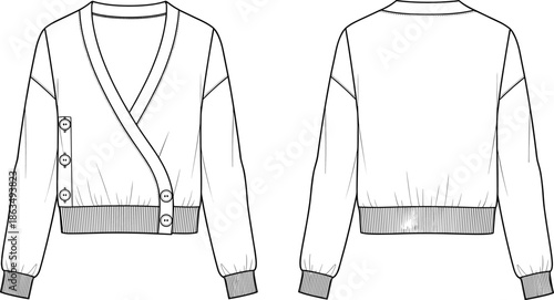 Technical flat sketch of women’s wrap cardigan with side button closure, detailed fashion line art illustration, knitwear apparel template, clothing design graphic