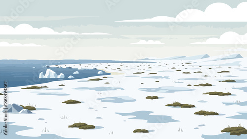 A serene yet stark polar landscape illustration featuring icy waters, towering icebergs, and a vast snow-covered tundra under a tranquil, cloudy