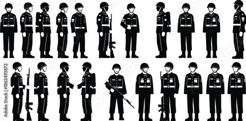 Military soldier silhouette set showing armed poses, salutes, teamwork, discipline, and uniformed figures for defense, war, and tactical design