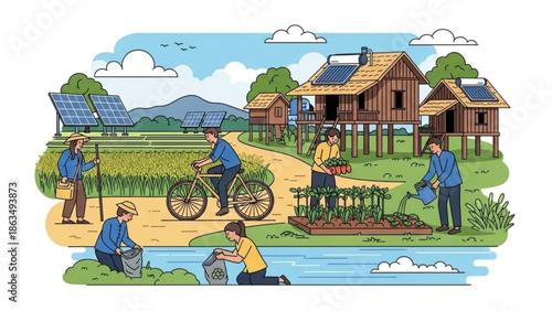 Eco friendly community with people working together in sustainable village with solar panels and green gardens with renewable energy with men