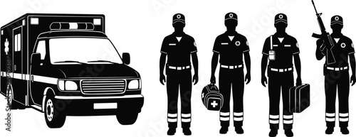 Emergency medical response team with ambulance, paramedics, security personnel, medical gear, and tactical support in black and white vector style