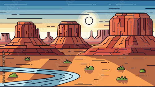 Stylized desert vista showcasing majestic red rock formations, a winding river, and a radiant sun illuminating the expansive arid landscape under a
