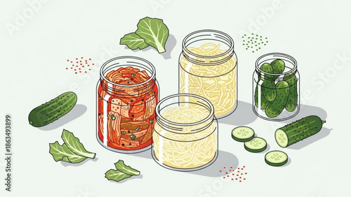 Three jars of pickled cucumbers in different flavors with fresh cucumbers and leaves on white background for food and recipe concepts