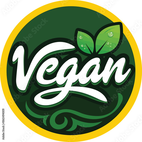 A vibrant vegan label with green leaves and white lettering displayed