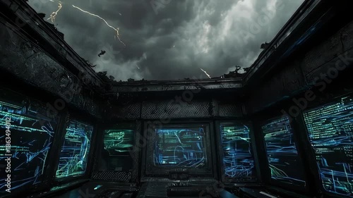 Dark, stormy interior with screens displaying code