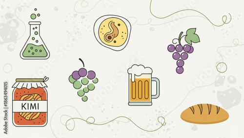 Colorful flat design icons of food and drink items including beer, bread, grapes, cheese, jam, and laboratory equipment on white with alcohol