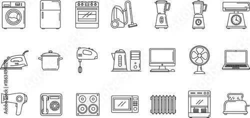 Essential Household Appliance Line Icons Set – Kitchen, Cleaning, Electronics, Heating, Cooling, Communication Devices for Home Utility and Energy