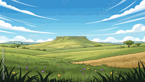 Expansive pastoral landscape with a striking flat-topped mountain under a dynamic blue sky perfect for tranquil scene backdrops