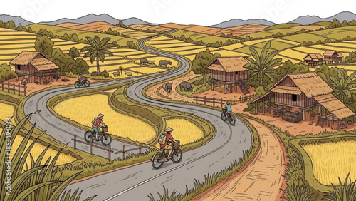 Rural landscape with people riding bicycles on winding road through fields and villages with traditional houses and mountains with riders