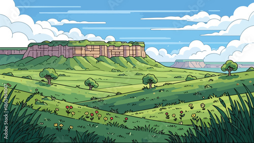 Expansive animated landscape featuring verdant hills, ancient mesa cliffs, and a serene sky with cumulus clouds over a tranquil natural vista