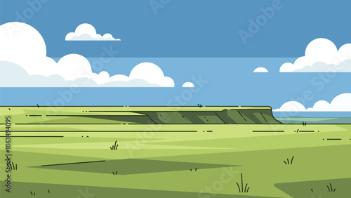 Expansive minimalist landscape illustration featuring green fields stretching towards a distant mesa under a blue sky adorned with fluffy white