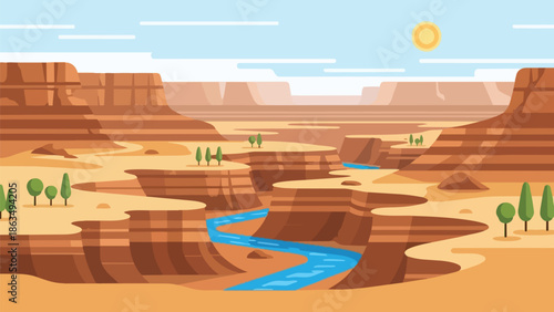 Striking flat design vista of a winding desert river carving through vast layered rock formations