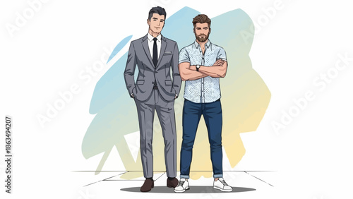 Two Stylish Men Posing in Contrasting Outfits.