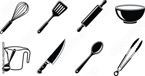 Essential kitchen utensil vector set in black silhouette style for cooking, baking, culinary design, food preparation, and restaurant branding