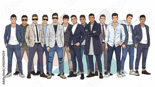 Diverse Group of Men in Stylish Outfits Posing Together.