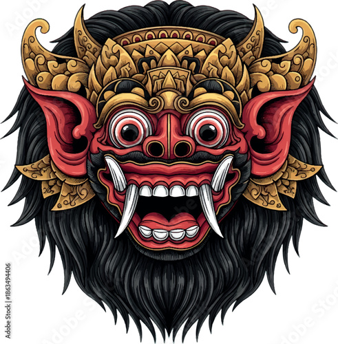 Balinese Barong Mask traditional dancer red face.