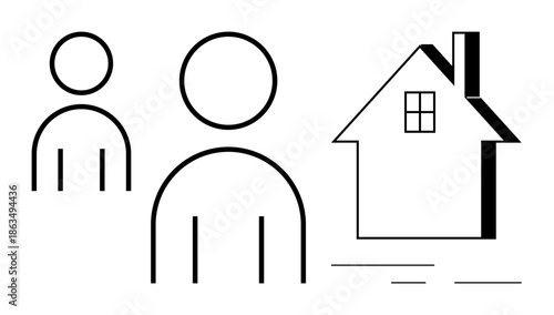 Family, community, housing, relationships, togetherness, homeownership. Minimalist outline of two people near a house. Family and community concepts with abstract simplicity
