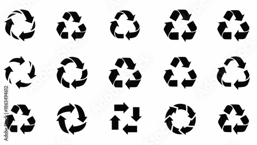 Collection of Recycling Symbol Variations in Black Silhouette.