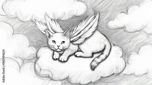 Cat with wings resting on a cloud, sketched image