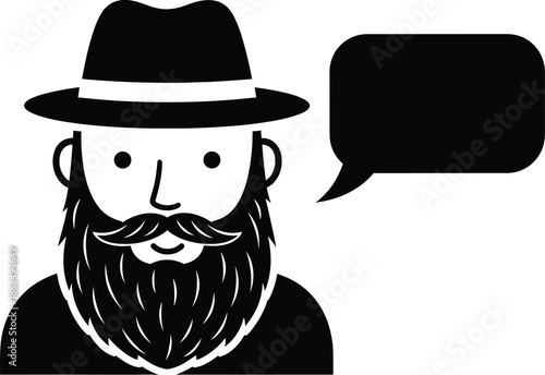 Minimalist black and white vector illustration of bearded man wearing wide brim hat with empty speech bubble for communication design
